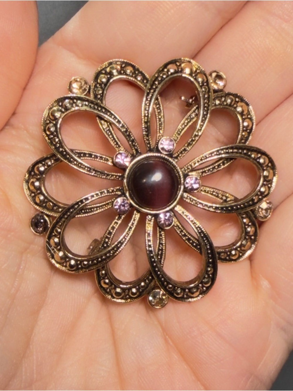 Flower Brooch Brown Purple Rhinestone Gold Tone Openwork Vintage Style 2”